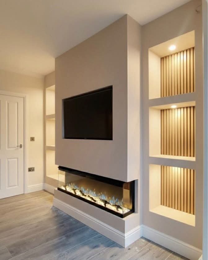 Corner 3-sided electric fireplace media wall installation