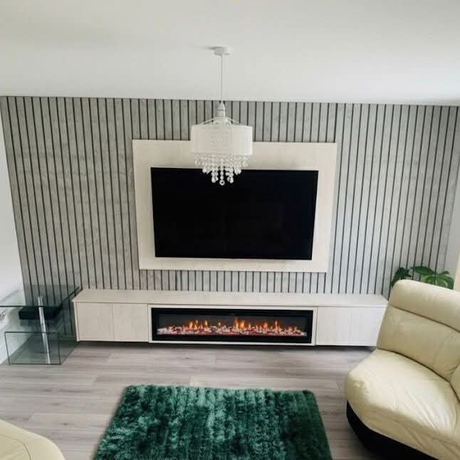 White media wall floating cabinet with panoramic electric fireplace